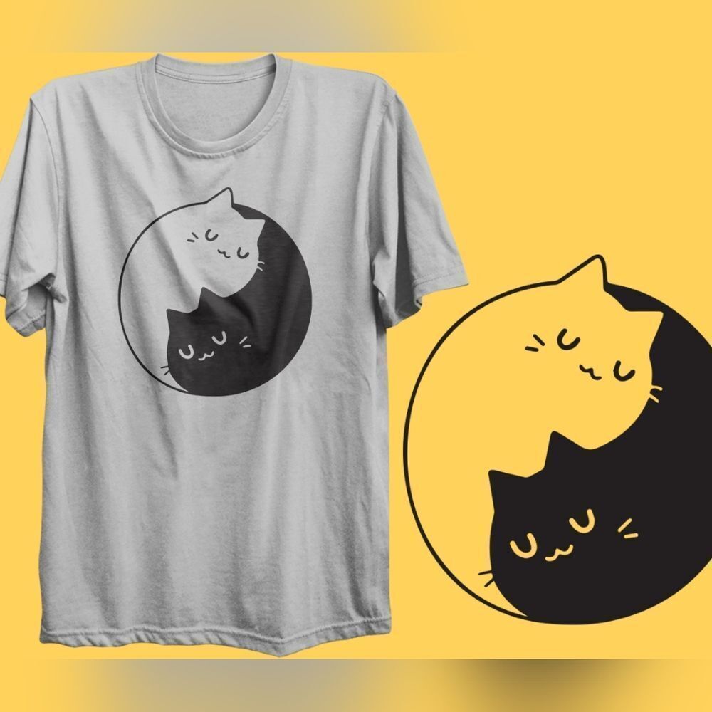 New Yin and Yang Cat Short Sleeve Tshirt Cat Lover Feline Fashion Fun Women